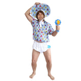 Baby Boomer Costume, blue baby bonnet, bib, t-shirt and diaper, adult size.