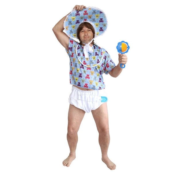 Baby Boomer Costume, blue baby bonnet, bib, t-shirt and diaper, adult size.