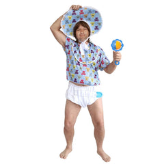 Baby Boomer Costume, blue baby bonnet, bib, t-shirt and diaper, adult size.