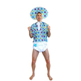 Baby boomer costume set, shirt, nappy shorts, bib and bonnet