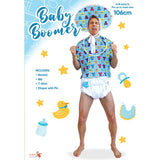 Adult Baby Boomer costume with blue t-shirt, bonnet, bib, and diaper-style shorts – perfect for bucks parties or novelty dress-ups