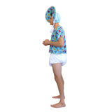 Baby boomer costume in teddy bear print, top, nappy look shorts and bonnet