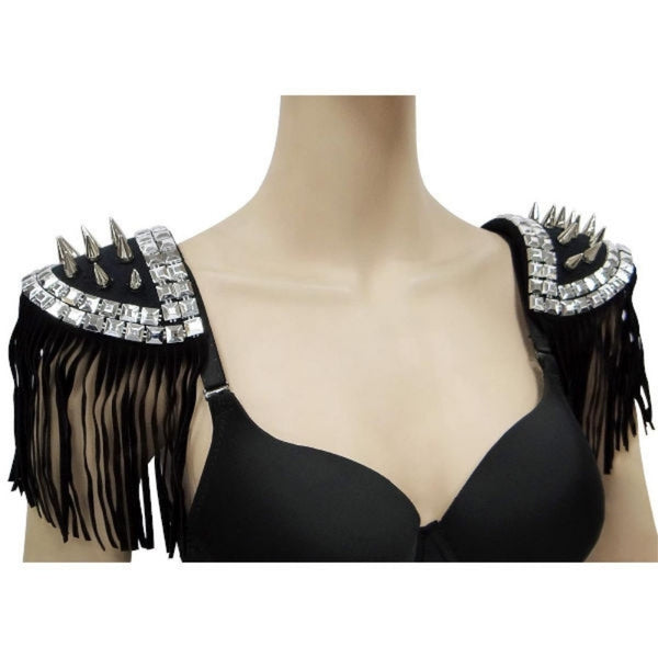 Bad to the Bone Studded Shoulder Pads  – metallic studded shoulder pads with tassels for festivals, cosplay & musicians.
