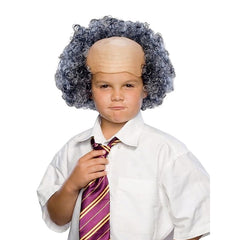 Child-sized bald man wig featuring a plastic moulded forehead with a receding hairline and attached grey curly side hair.