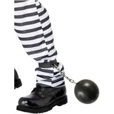 Black and white striped pants with a black boot and ball and chain on a white background