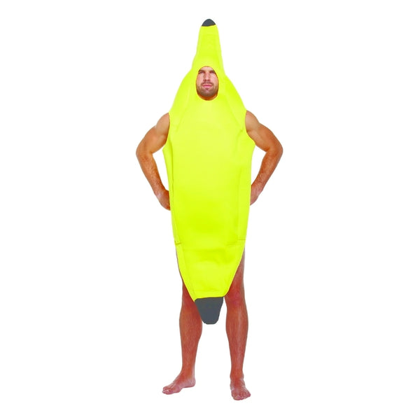 Adult banana costume bodysuit with bright yellow foam tunic design