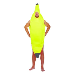 Adult banana costume bodysuit with bright yellow foam tunic design