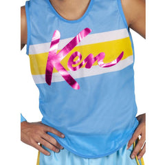 Barbie Ken exercise adult costume, blue sports shorts with yellow trim, blue tank top with metallic print "Ken" , sweat bands and headband with Ken logo.