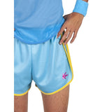 Barbie Ken Exercise adult costume with blue sports shorts, yellow trim and "Ken" print.