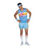 Barbie Ken exercise adult costume, blue sports shorts with yellow trim, blue tank top with metallic print "Ken" , sweat bands and headband with Ken logo.