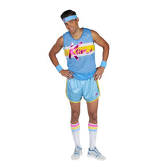 Barbie Ken exercise adult costume, blue sports shorts with yellow trim, blue tank top with metallic print "Ken" , sweat bands and headband with Ken logo.