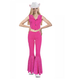 Adult Pink Doll Cowgirl Costume. Two piece costume with button sleeveless top and pull on pants with contrasing flare and collar.