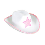 White Cowgirl Hat with pink contrasting star and sequin trim on the edge of the brim.