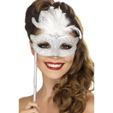 Baroque fantasy eyemask in white decorated in silver glitter, white feathers and attached to a decorated stick.