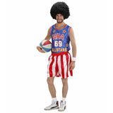 Man wearing a basketball player costume with blue sports tank top and red striped shorts