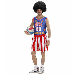 Man wearing a basketball player costume with blue sports tank top and red striped shorts