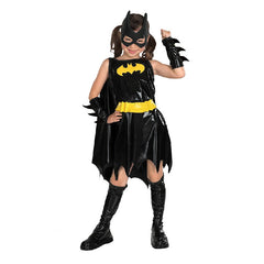 Child wearing an officially licensed Batgirl costume with cape, mask, belt and boot tops