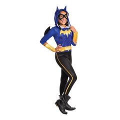 Child wearing an officially licensed Batgirl DC Super Hero Girls costume with hooded jumpsuit, wings and mask