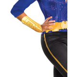 Costume with blue top, black pants, and gold accents on a white background