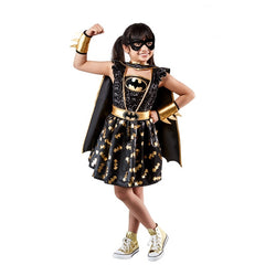 Child wearing an officially licensed Batgirl Premium costume with cape, gauntlets and glitter eye mask