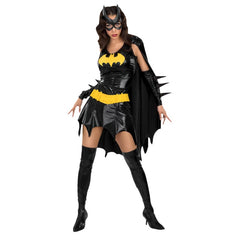 Adult Batgirl costume with black vinyl-look dress, yellow bat emblem, mask, cape, belt, and boot tops