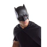 Close-up of the Batman Cape and Mask Set for adults, showcasing the moulded half-face mask with bat ears and the Velcro closure at the neck for the cape