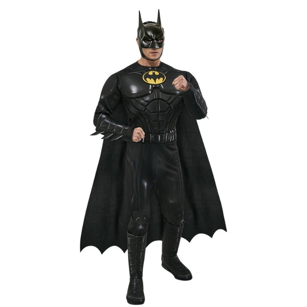 Adult Batman (Keaton) Deluxe costume from The Flash movie with muscle chest, cape and mask for Halloween, cosplay and Book Week superhero dress-up.