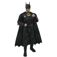 Batman (Michael Keaton) Deluxe Adult Costume – full-length jumpsuit with printed detailing, fibre-filled chest, gauntlets, printed utility belt, boot tops, detachable cape, and moulded half-face mask with elastic and Velcro strap.