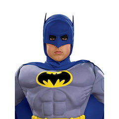 Child wearing an officially licensed Batman muscle chest costume with cape and cowl