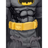 A close-up of a Batman costume focusing on the chest, waist, and hips. The costume features a gray and black textured bodysuit with a yellow Batman logo on the chest, a thick yellow utility belt, and bat-shaped patches on the hips.