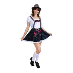 Women's Bavarian Beauty Oktoberfest costume with black lederhosen-style skirt and braces