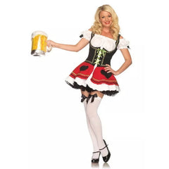 Bavarian beauty hire, corset style dress in black and red with large hearts on the skirt. Hire includes dress and petticoat.
