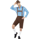 Front view of the Bavarian Beer Man Costume featuring a blue check shirt and brown lederhosen with detailed embroidery on the front and braces, styled for an authentic Oktoberfest look.