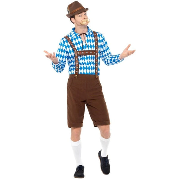 Bavarian Beer Man Costume – Blue check shirt with brown lederhosen