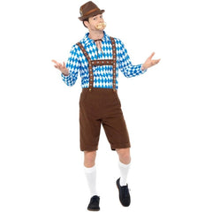 Bavarian Beer Man Costume – Blue check shirt with brown lederhosen