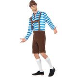 Side view of the Bavarian Beer Man Costume featuring a blue check shirt and brown lederhosen with decorative detailing on the braces, showing the traditional fit and cross-over strap design.