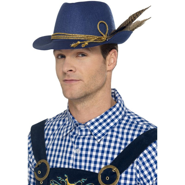 Blue Bavarian hat with gold braid and feather for Oktoberfest