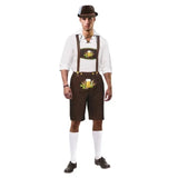 Bavarian man adult costume, brown knee length lederhosen with pockets beer and wheat print, attached braces, white shirt and socks.