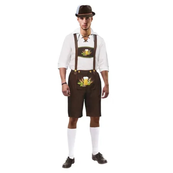 Bavarian man adult costume, brown knee length lederhosen with pockets beer and wheat print, attached braces, white shirt and socks.