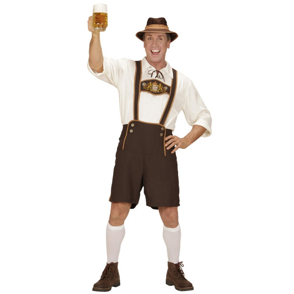Bavarian man costume with brown lederhosen, cream shirt, socks and hat