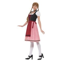 Bavarian Tavern Maid Costume, knee lenth dress with red check skirt, corset style bodice with attached apron.