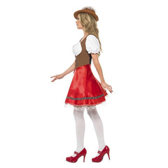 Bavarian Wench Costume, peasant style bodice which laces up, red skirt with attached apron and braid trim.