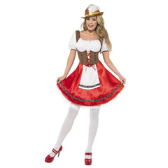 Bavarian Wench Costume, peasant style bodice which laces up, red skirt with attached apron and braid trim.