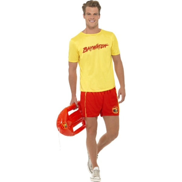 Baywatch Men’s Lifeguard Costume with yellow shirt and red shorts