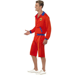 Men’s Baywatch lifeguard costume with red shorts and logo jacket