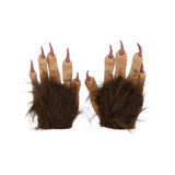 Pair of werewolf gloves with brown fur and red nails on a white background