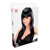 Packaging for long black costume wig with straight fringe