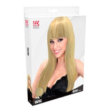 Packaging for long blonde costume wig with straight fringe