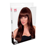 Box for long brown costume wig with straight fringe