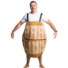 Front view of Beer Barrel Costume showing printed wooden keg design and shoulder straps – adult foam tunic.